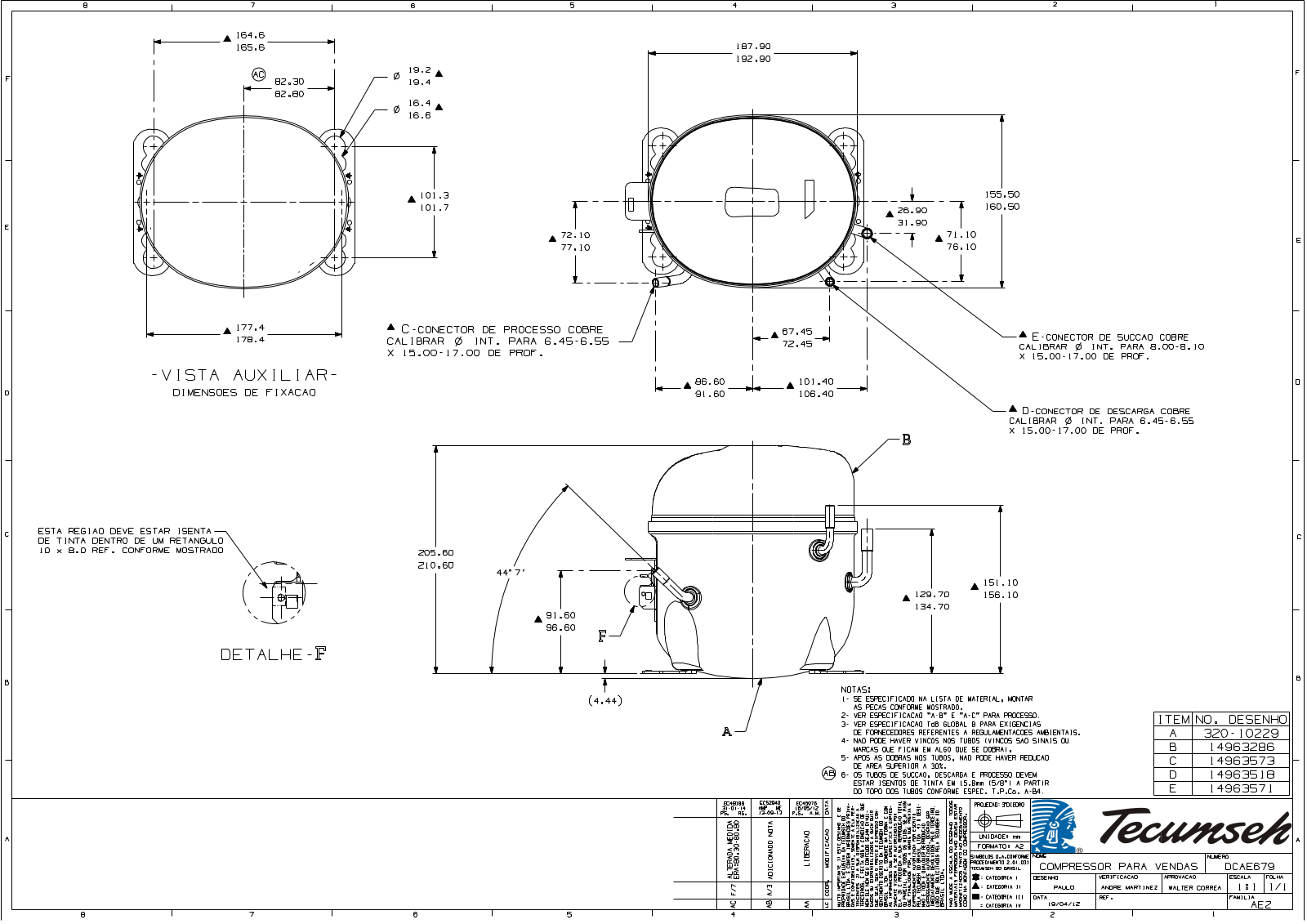 Tecumseh AE2410A-AA1A, AE2410Y-AA1A, AE2413A-AA1B, AE2413U-AA1A, AE2413Y-AA1B Drawing Data