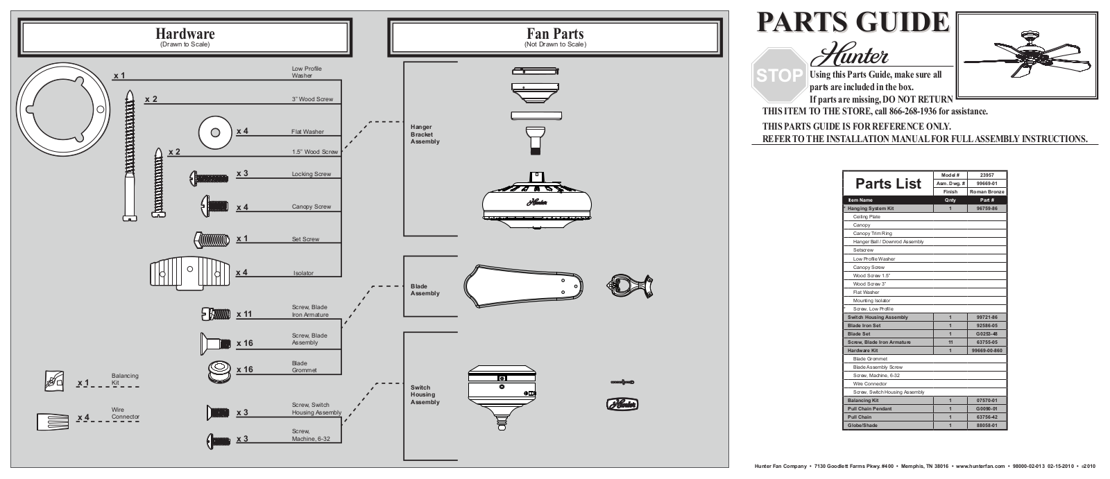 Hunter 23957 Parts Guide