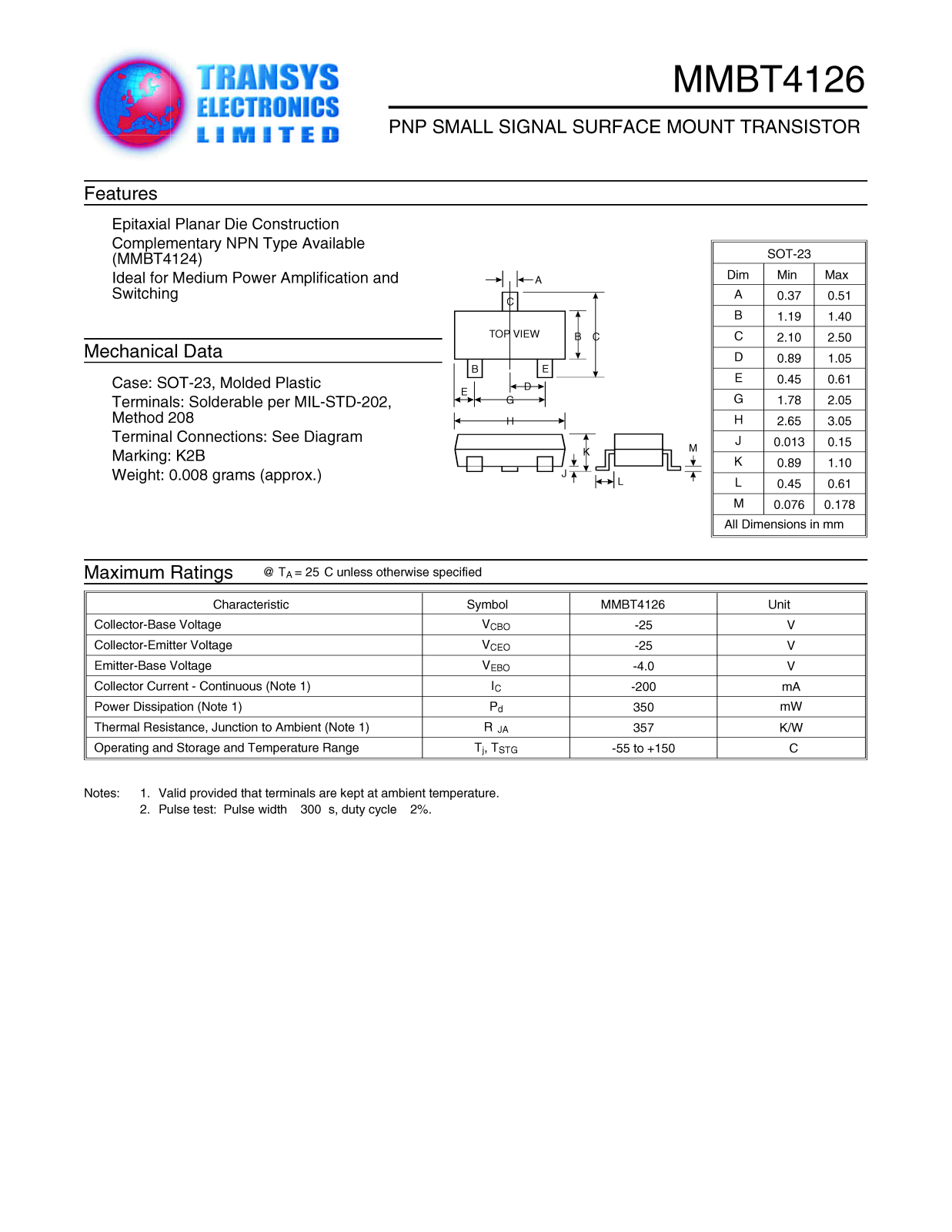 TEL MMBT4126 Datasheet