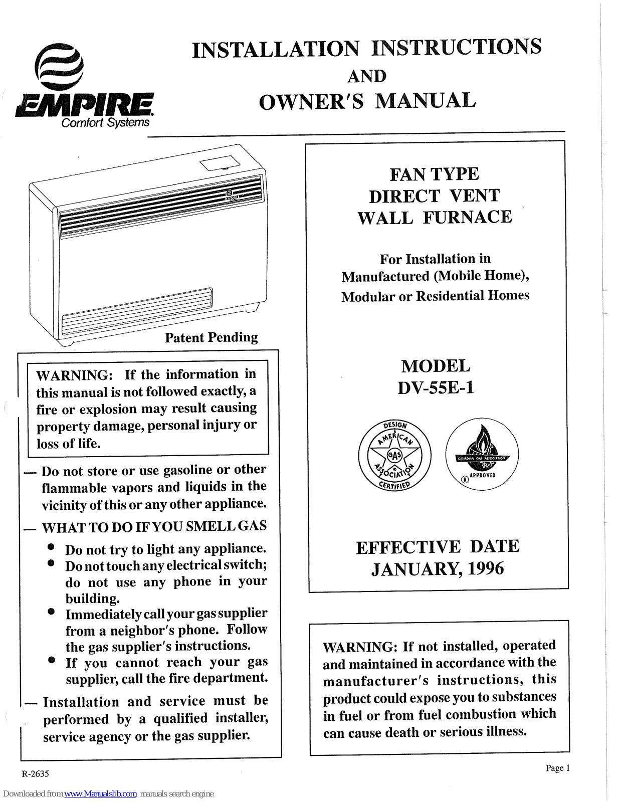 Empire Comfort Systems DV-55E-1 Installation Instructions And Owner's Manual