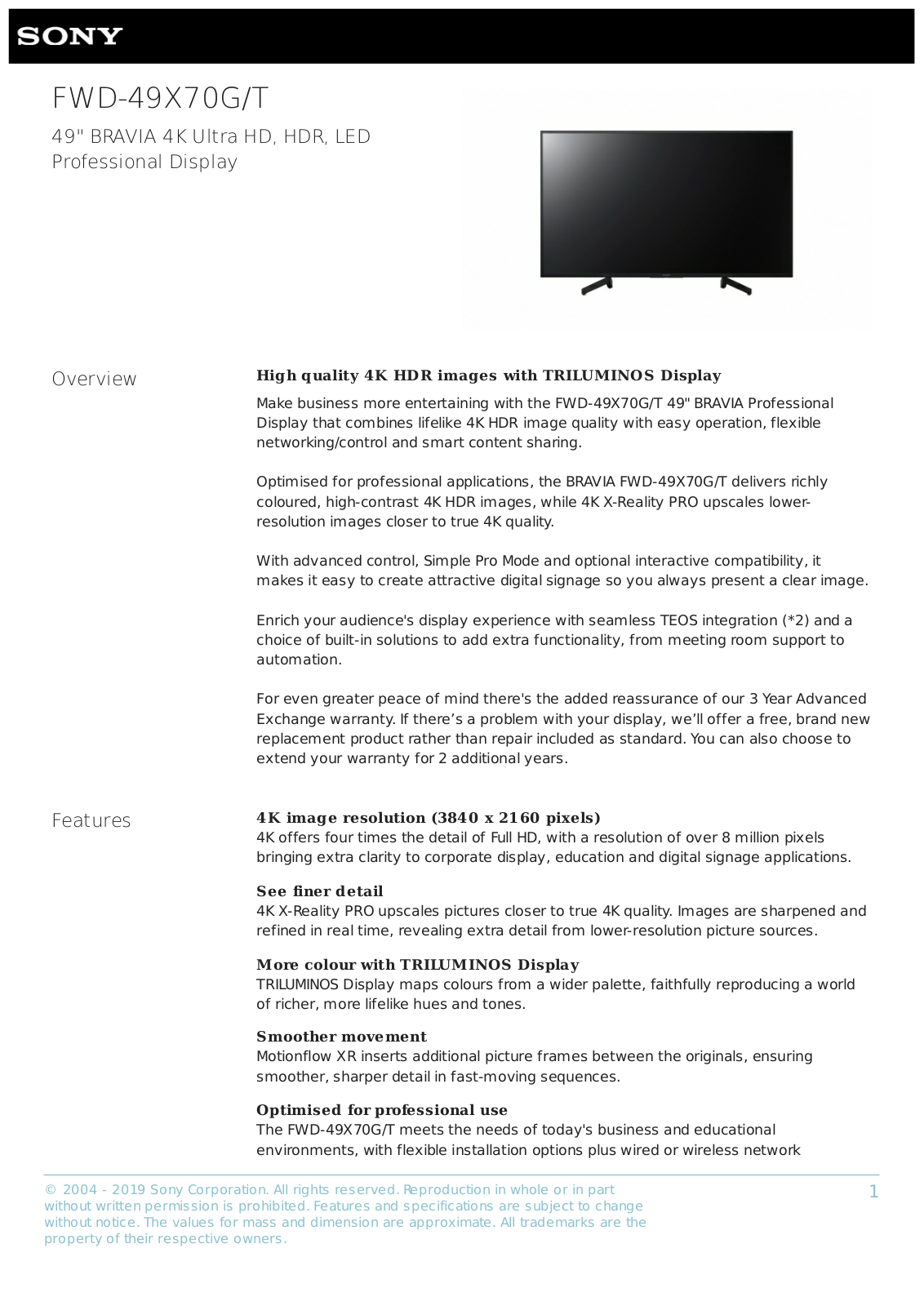 Sony FWD-49X70G-T User Manual