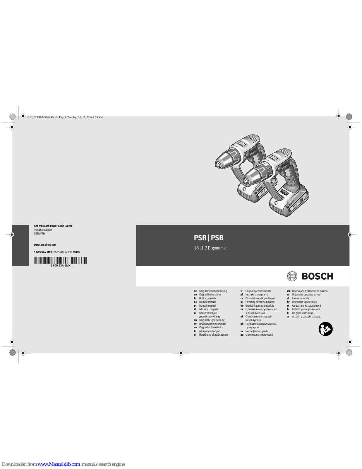Bosch PSB 18 LI -2 Ergonomic, PSR 18 LI -2 Ergonomic Original Instructions Manual