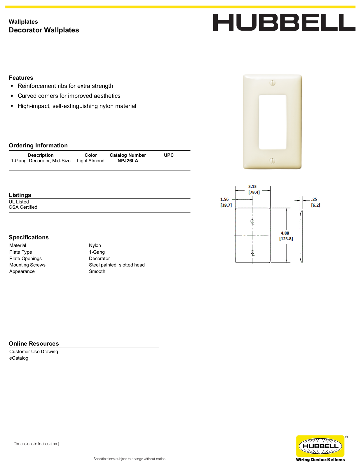 Hubbell NPJ26LA Specifications