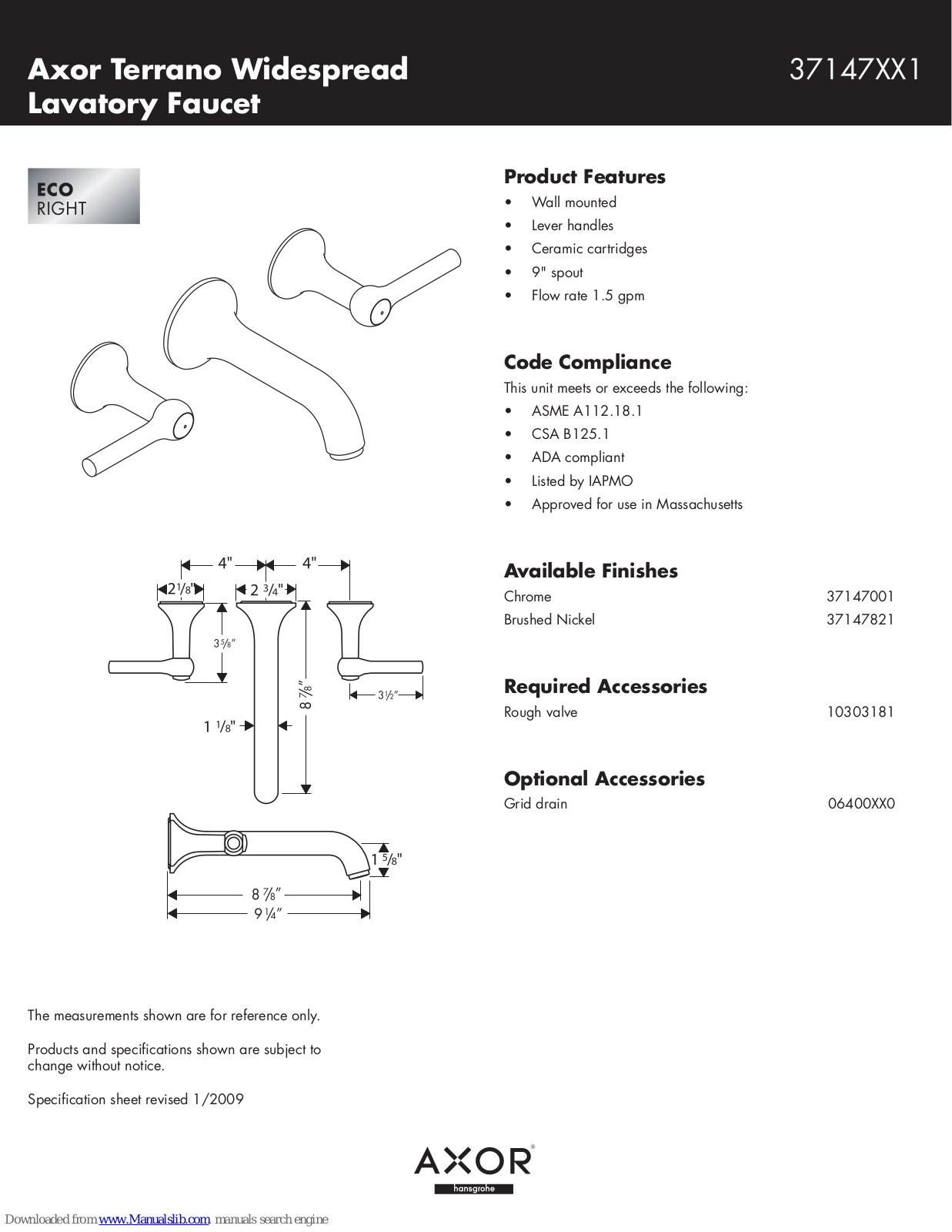 Axor 37147001, 37147821 Specification Sheet