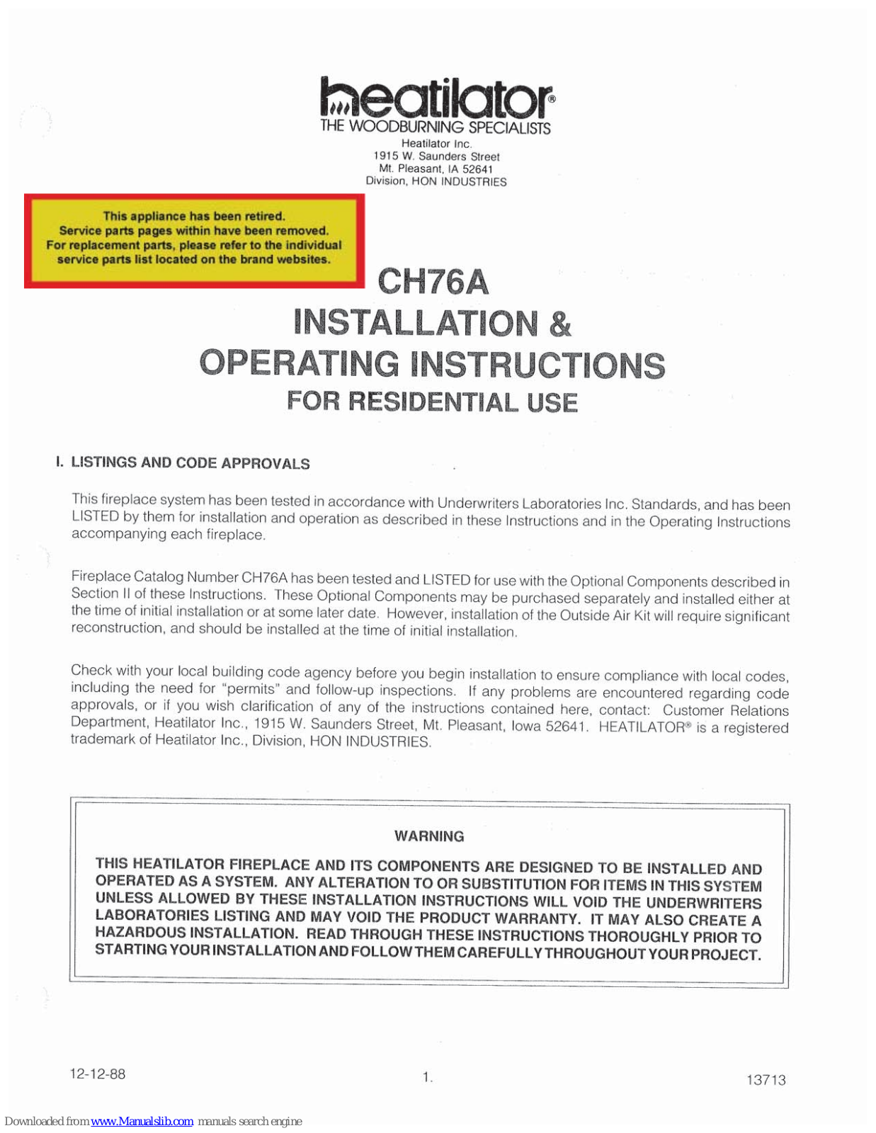 Heatilator CH76A Installation & Operating Instructions Manual