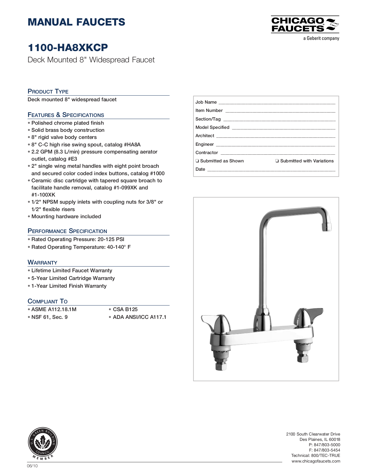 Chicago Faucet 1100-HA8XK Specifications