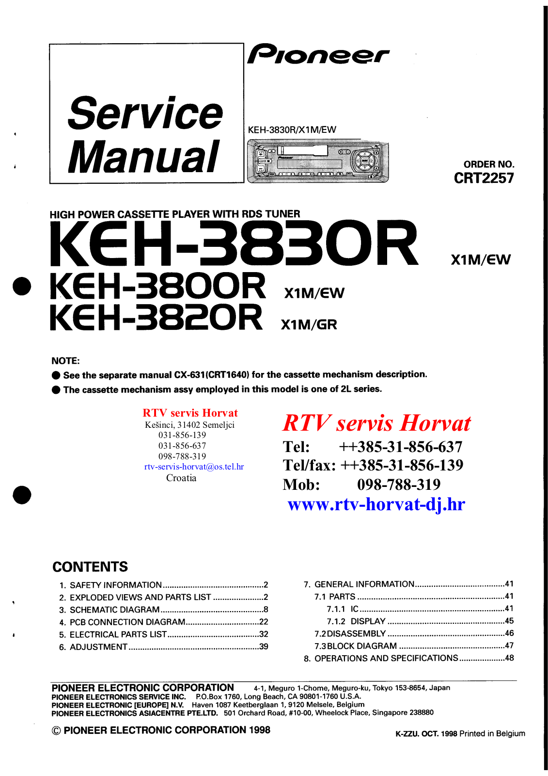 Pioneer KEH-3800-R, KEH-3820-R, KEH-3830-R Service manual