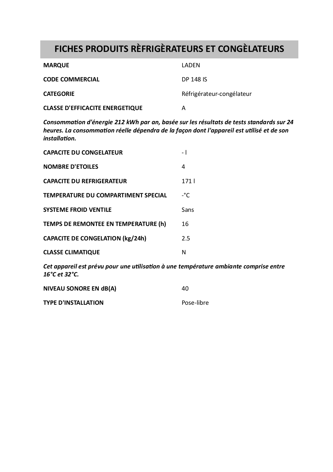 Whirlpool DP 148 IS PRODUCT SHEET