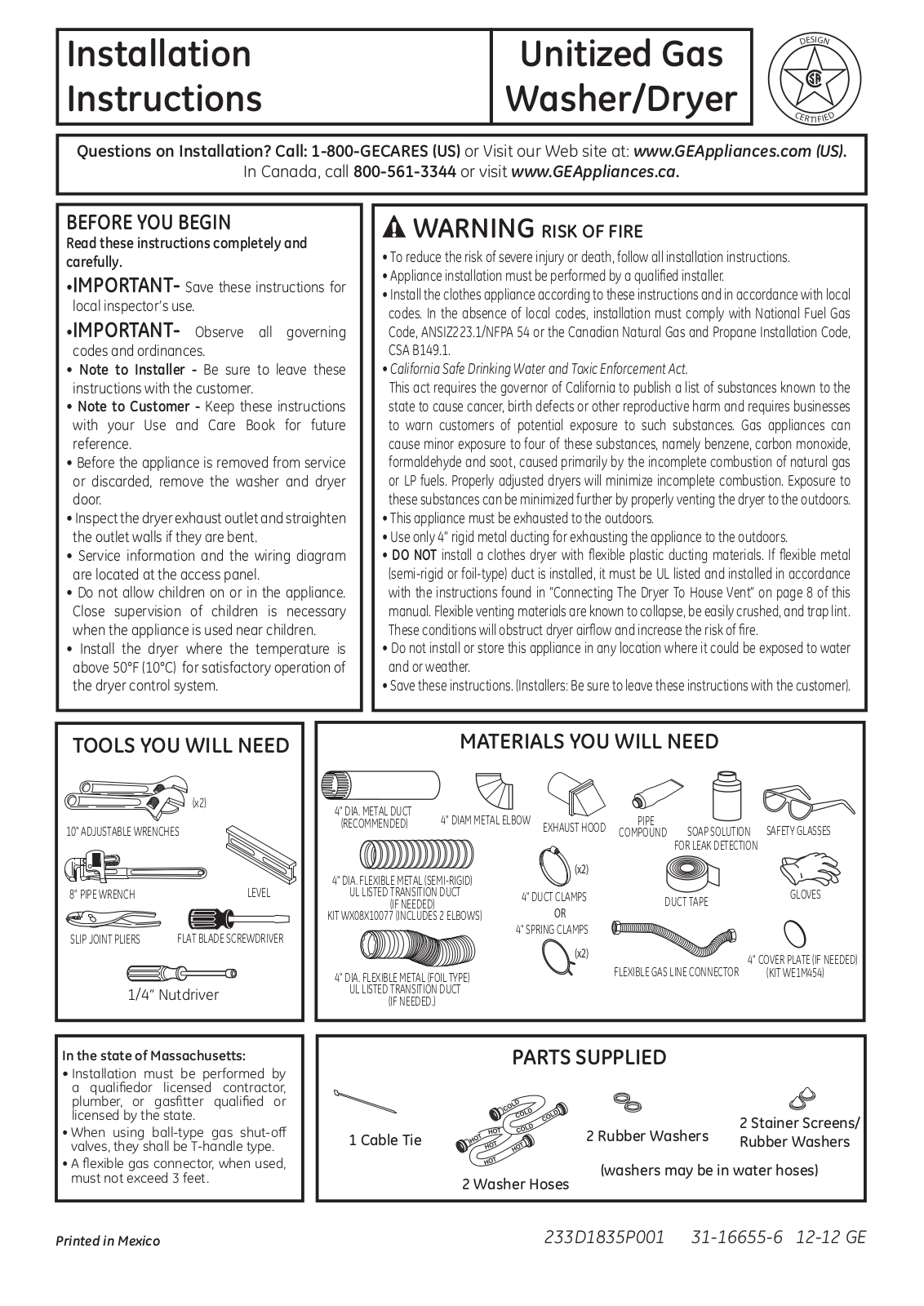 GE GTUN275GMWW, GTUP270GMWW, GTUP240GMWW Quick Start Manual