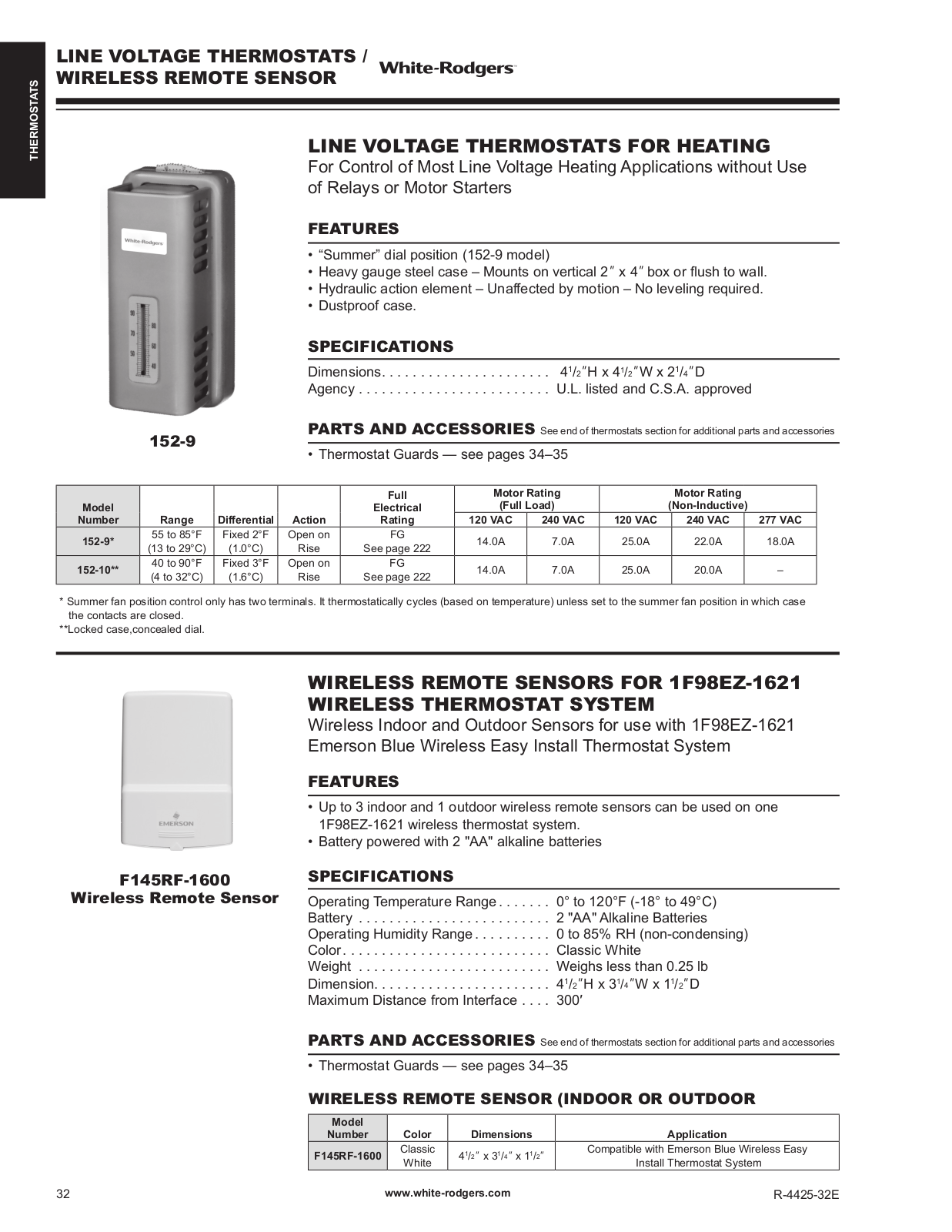 White Rodgers F145RF-1600, 152-9, 152-10 Catalog Page