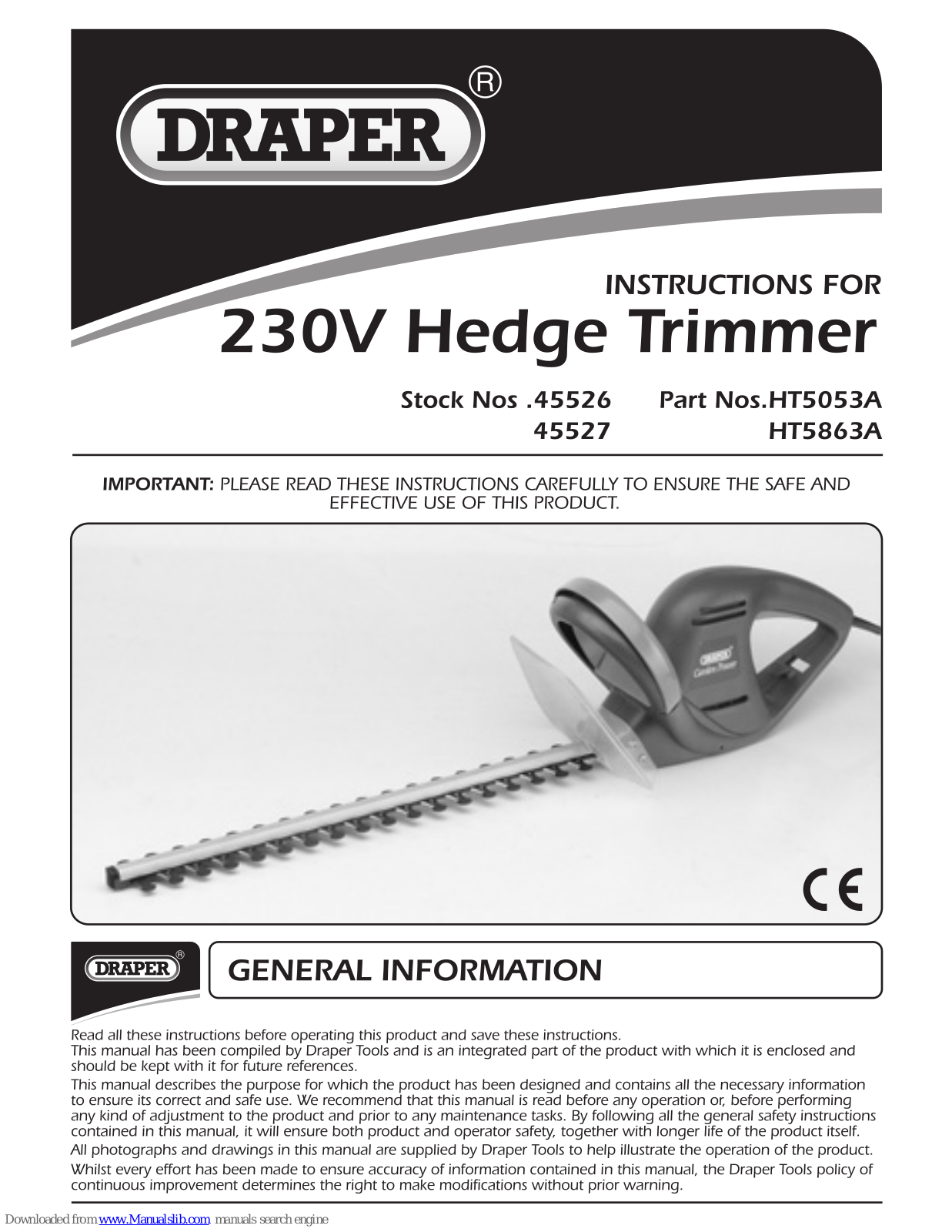 Draper HT5053A, HT5863A Instructions For - ManualMachine.com