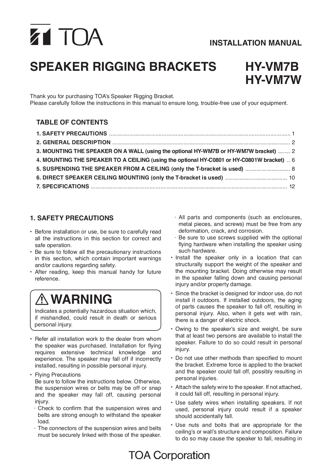 TOA HY-VM7, HY-CM7BSET Users Manual