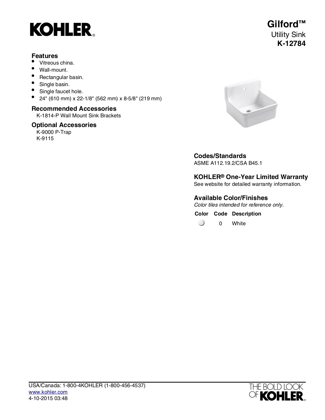 Kohler KOH1439 Specifications - ManualMachine.com