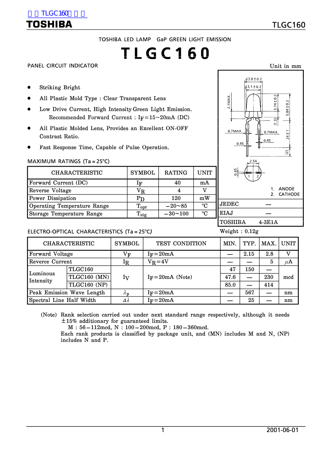 TOSHIBA TLGC160 Technical data