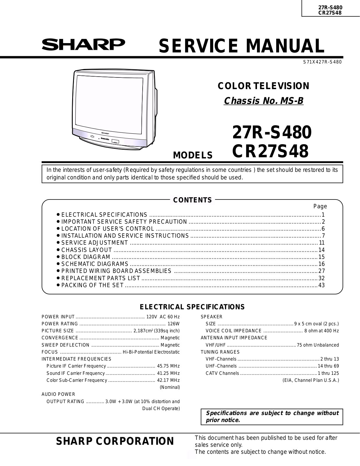 SHARP 27R-S480, CR27S48 Service Manual