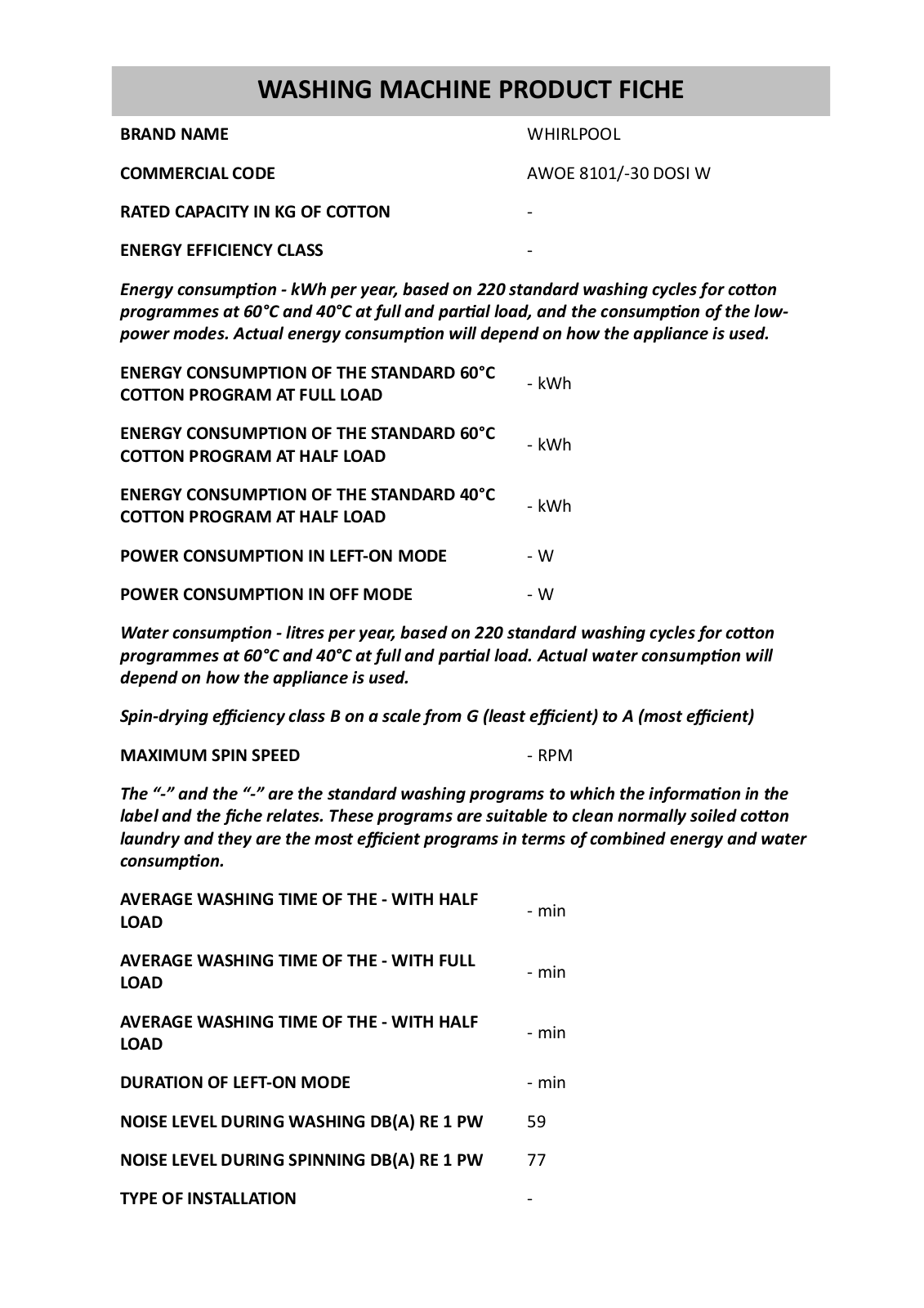 Whirlpool GSIP 61202 DI A IN, AWOE 8101/-30 DOSI W, GSIP 61212 DI A IN Product Sheet