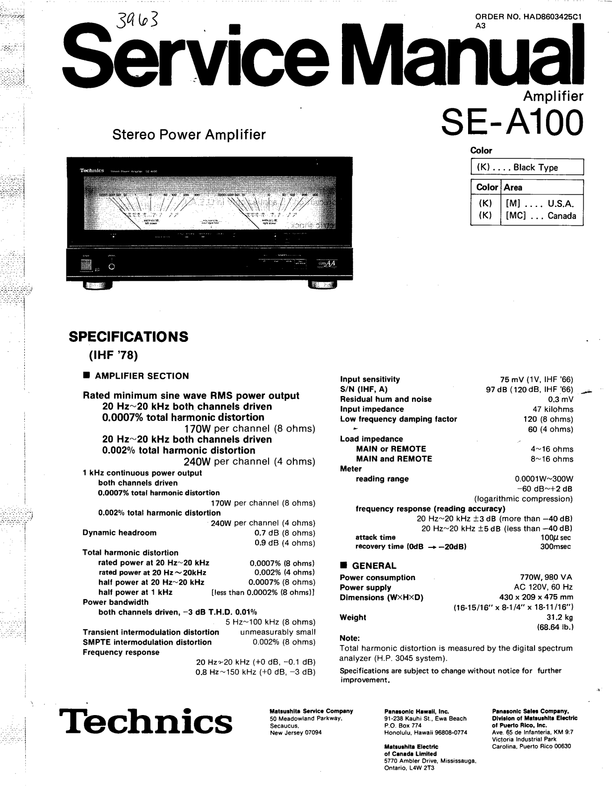 Technics SE-A100 Schematic