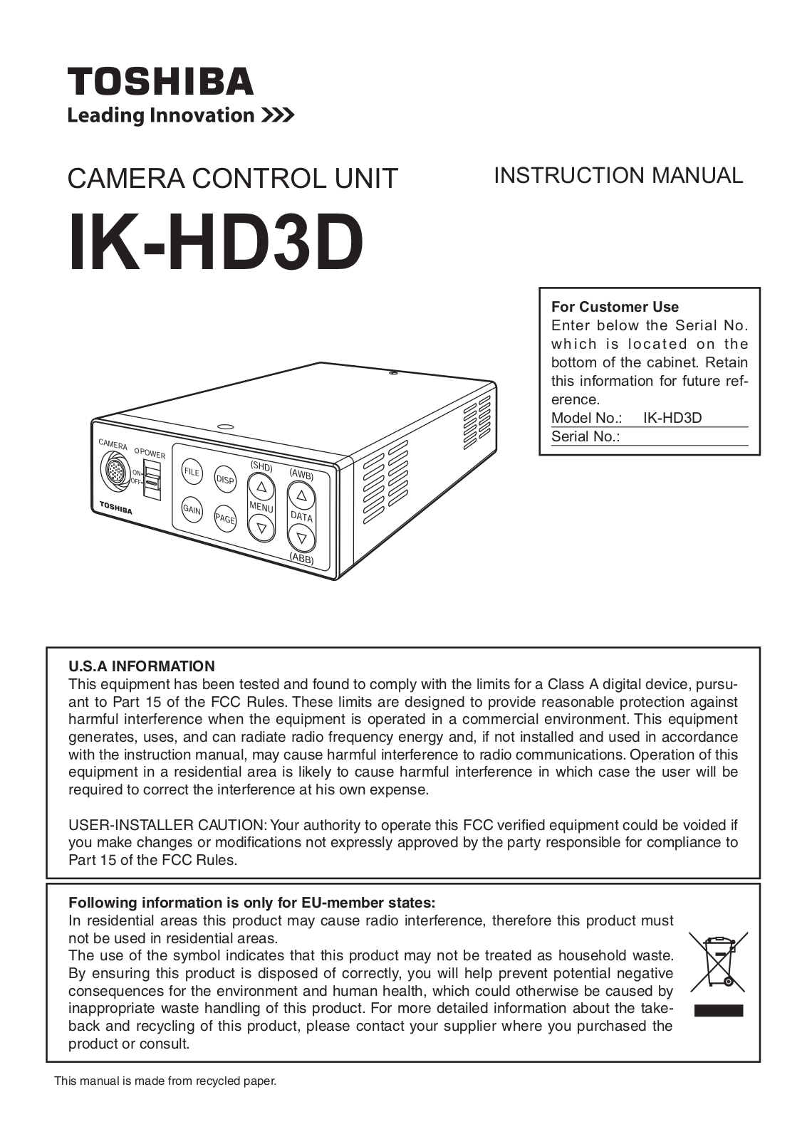 Toshiba IK-HD3D User Manual