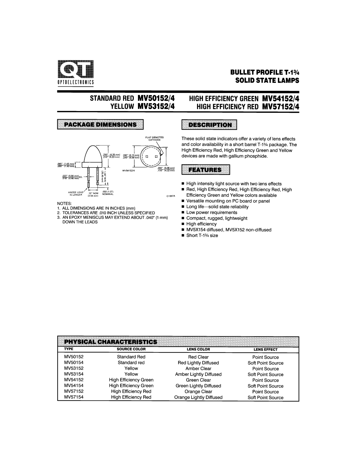 QT MV50154, MV53154, MV54152, MV57152, MV50152 Datasheet