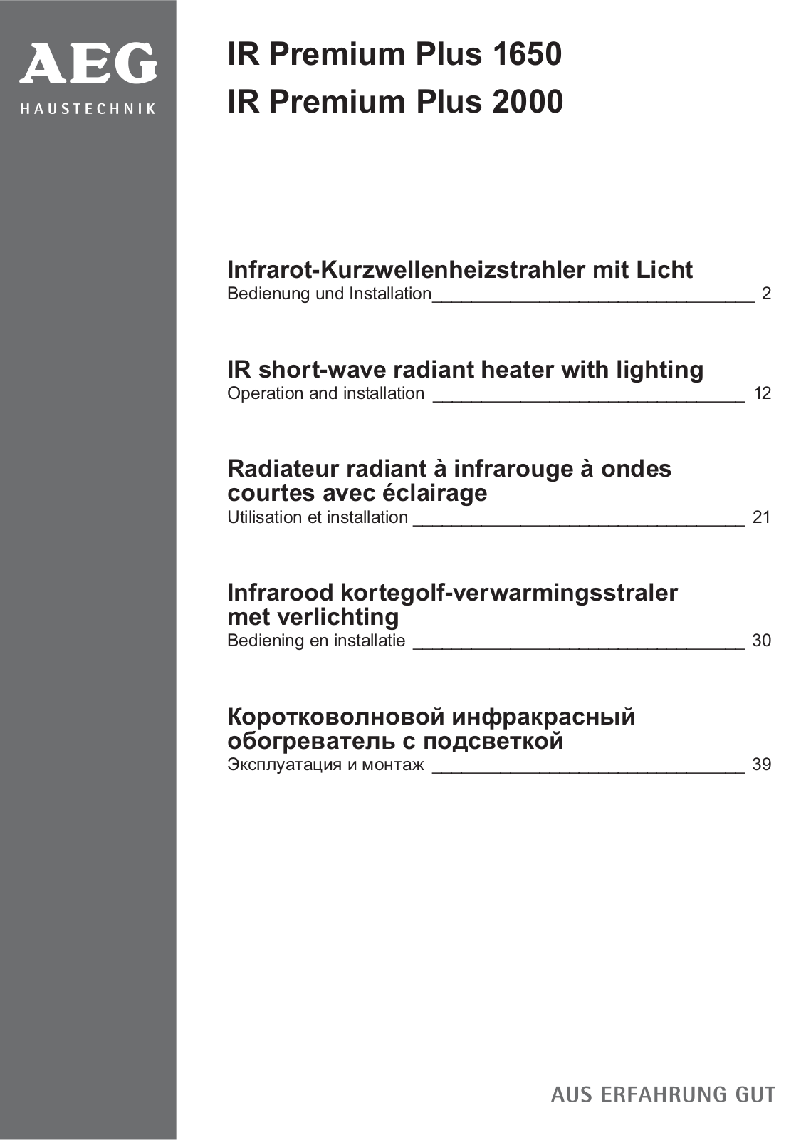 AEG Haustechnik IR Premium 1650, IR Premium 2000 Operating and Installation instructions