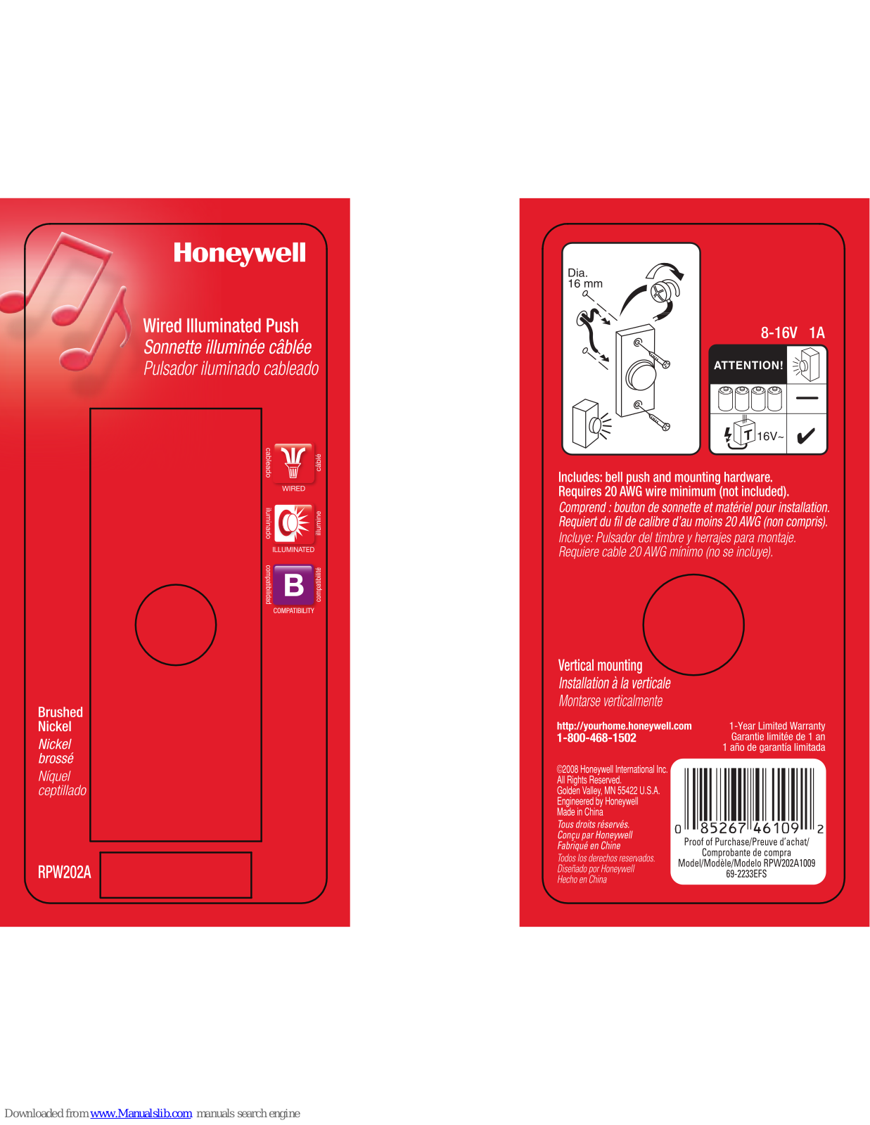 Honeywell RPW202A Mounting Instruction