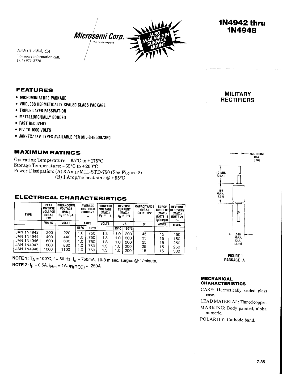 Microsemi Corporation 1N4948, 1N4947, 1N4946, 1N4944, 1N4942 Datasheet