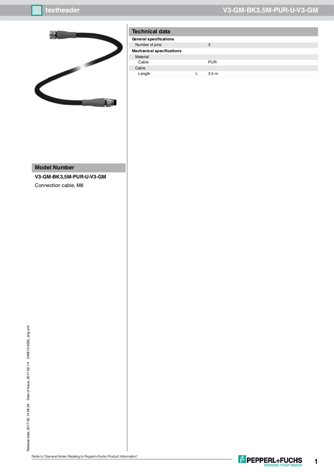 Pepperl Fuchs V3-GM-BK3.5M-PUR-U-V3-GM Data Sheet