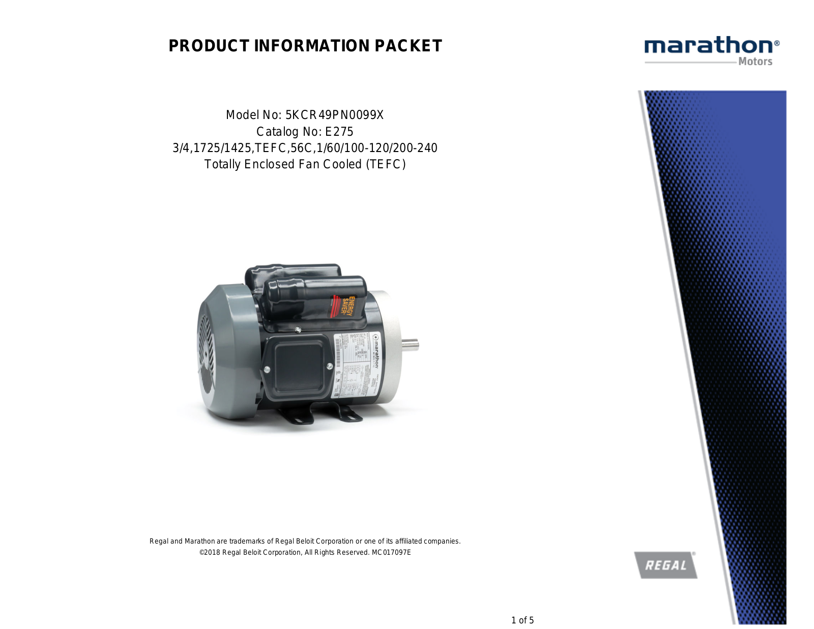 Marathon Electric 5KCR49PN0099X Product Information Packet