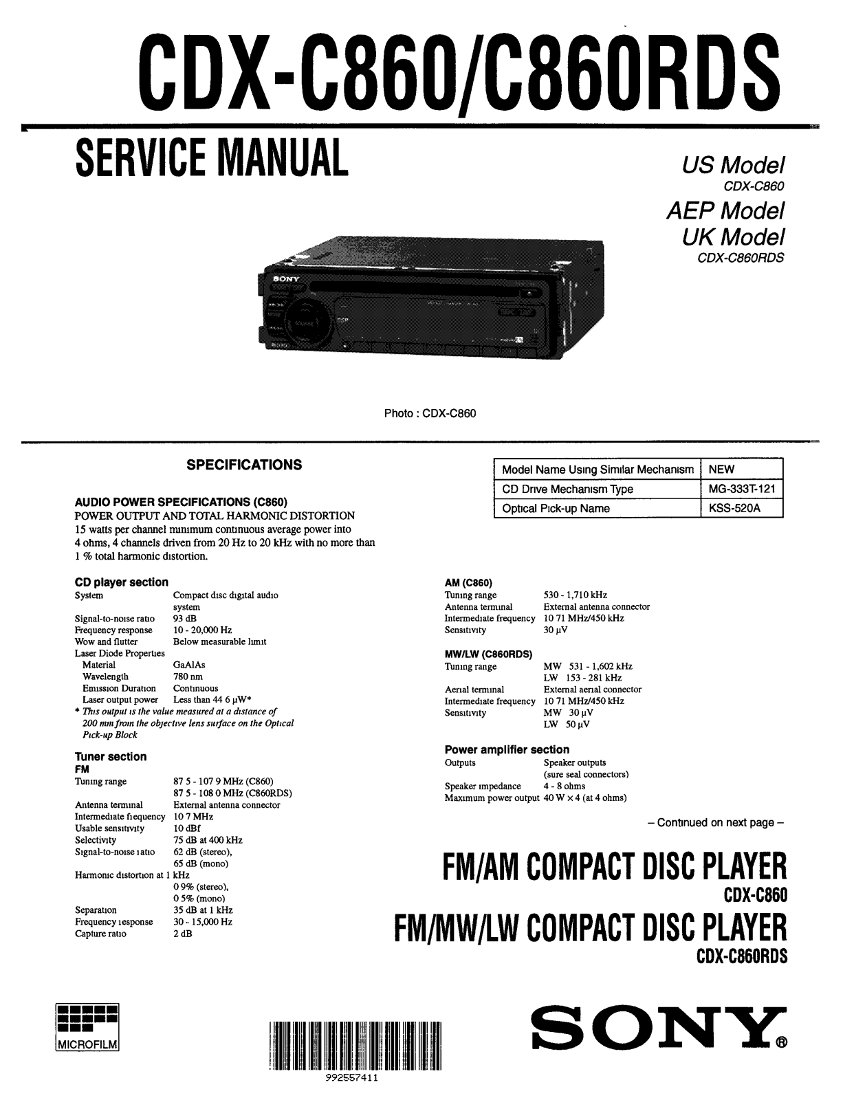 Sony CDXC-860-RDS Service manual