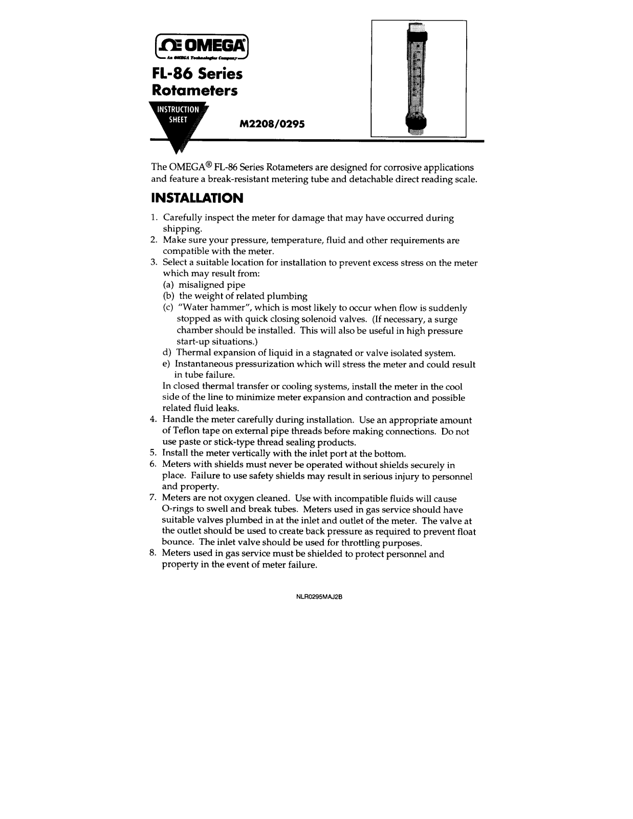 Omega Products FL-86A Installation  Manual