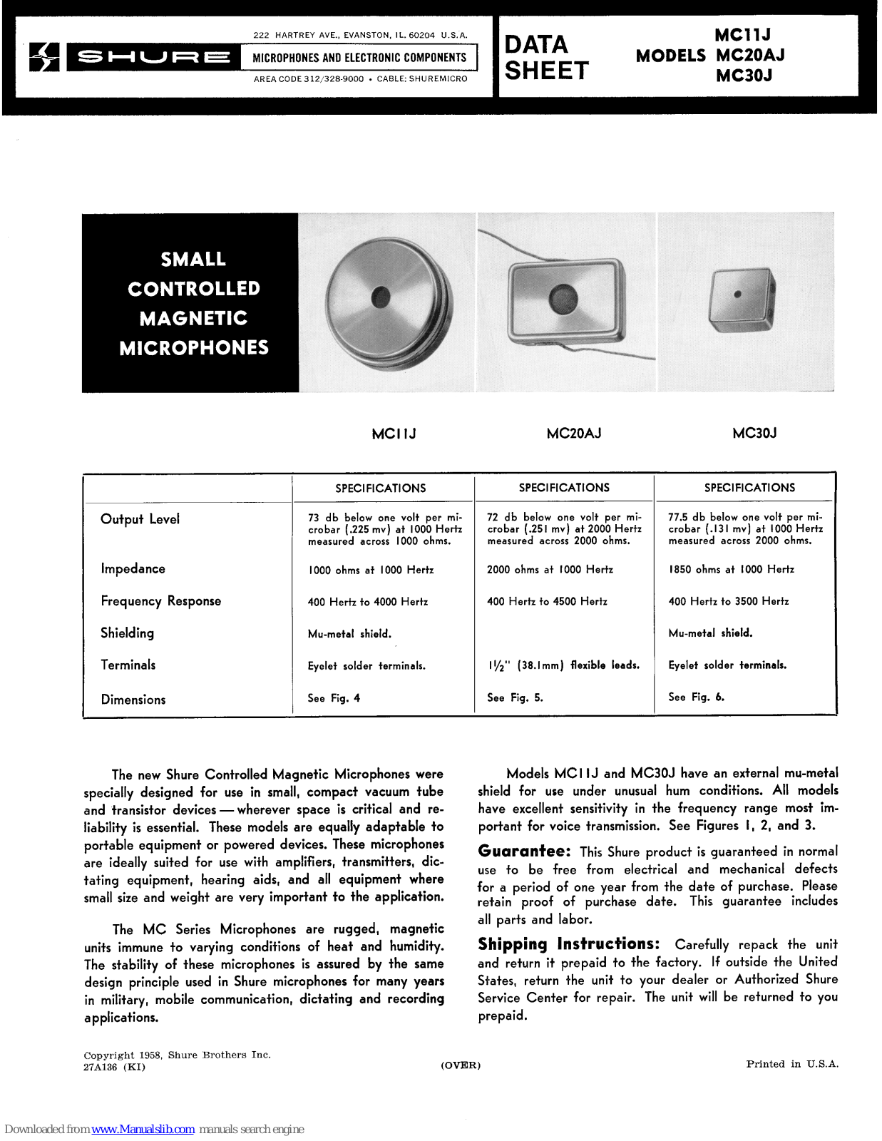 Shure MC11J, MC20AJ, MC30J Datasheet