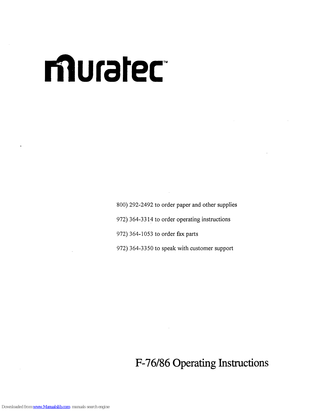 Muratec F-76, F-86 Operating Instructions Manual