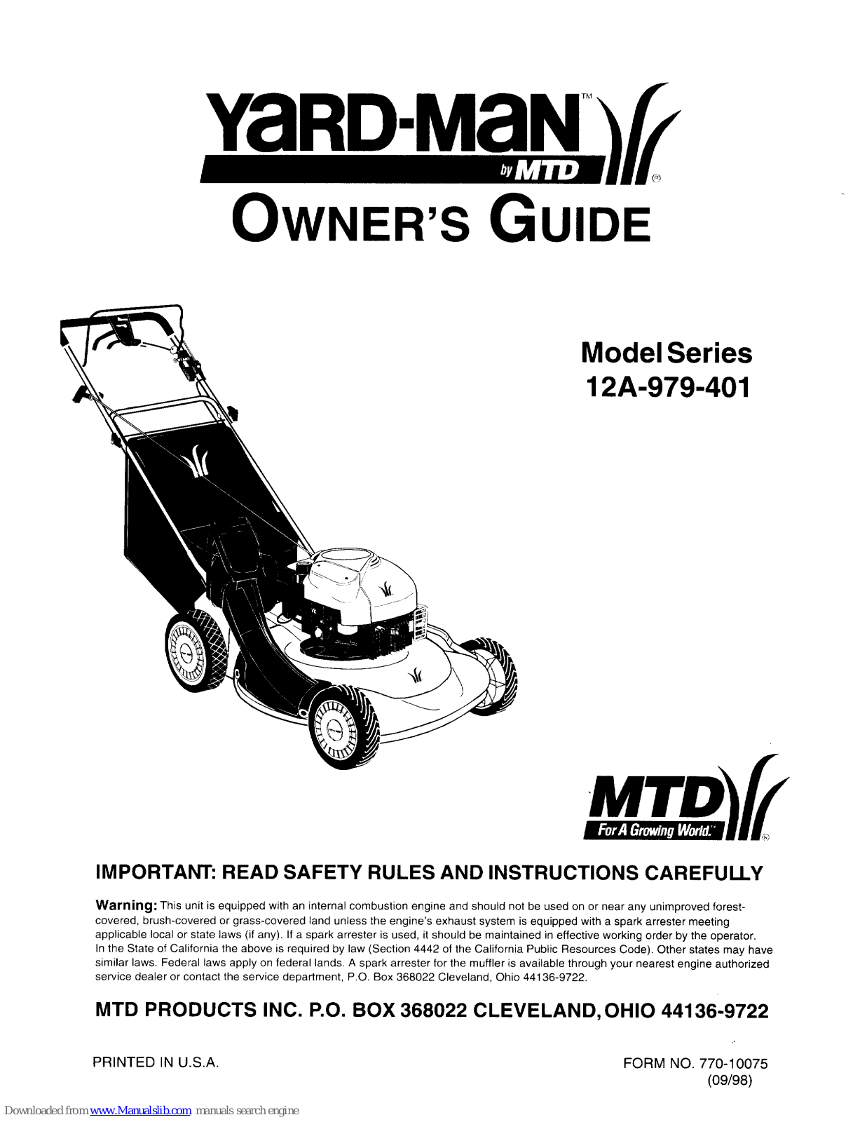 Yard-Man 12A-979-401 Owner's Manual