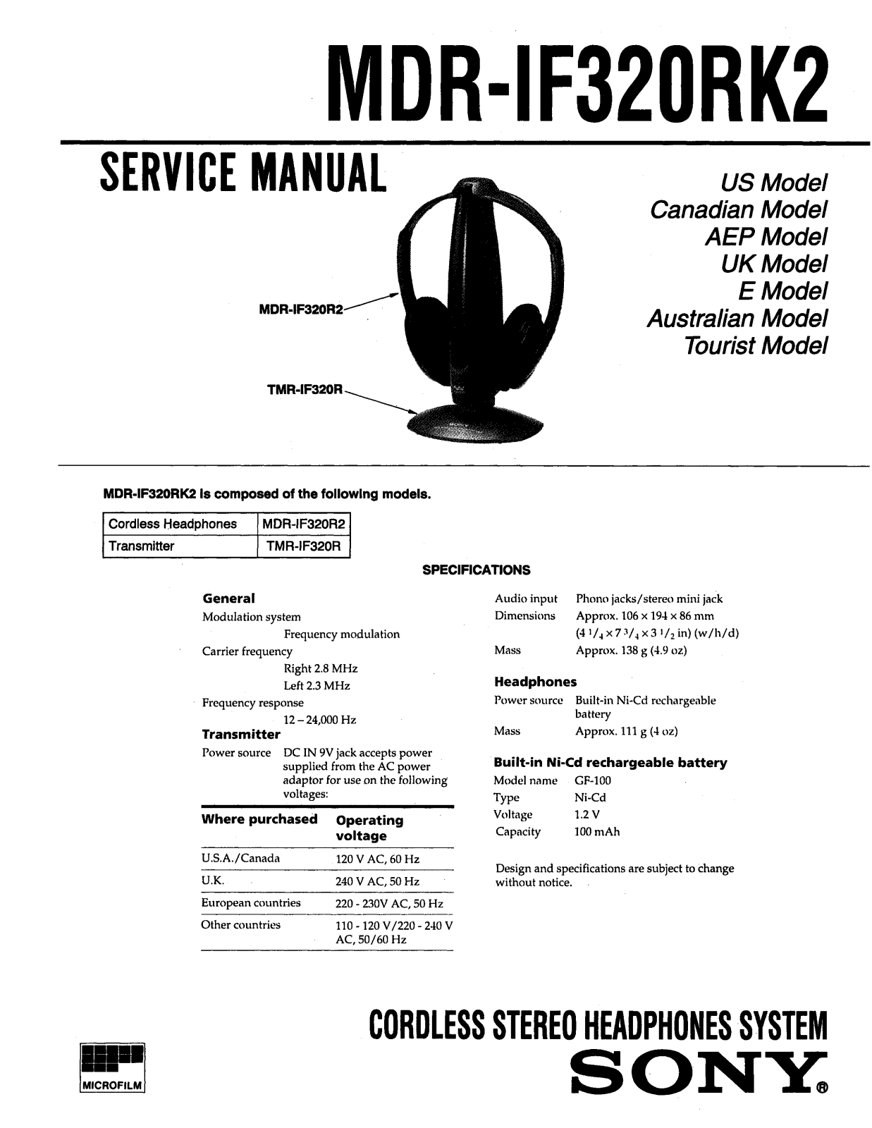 Sony MDRIF-320-RK-2 Service manual