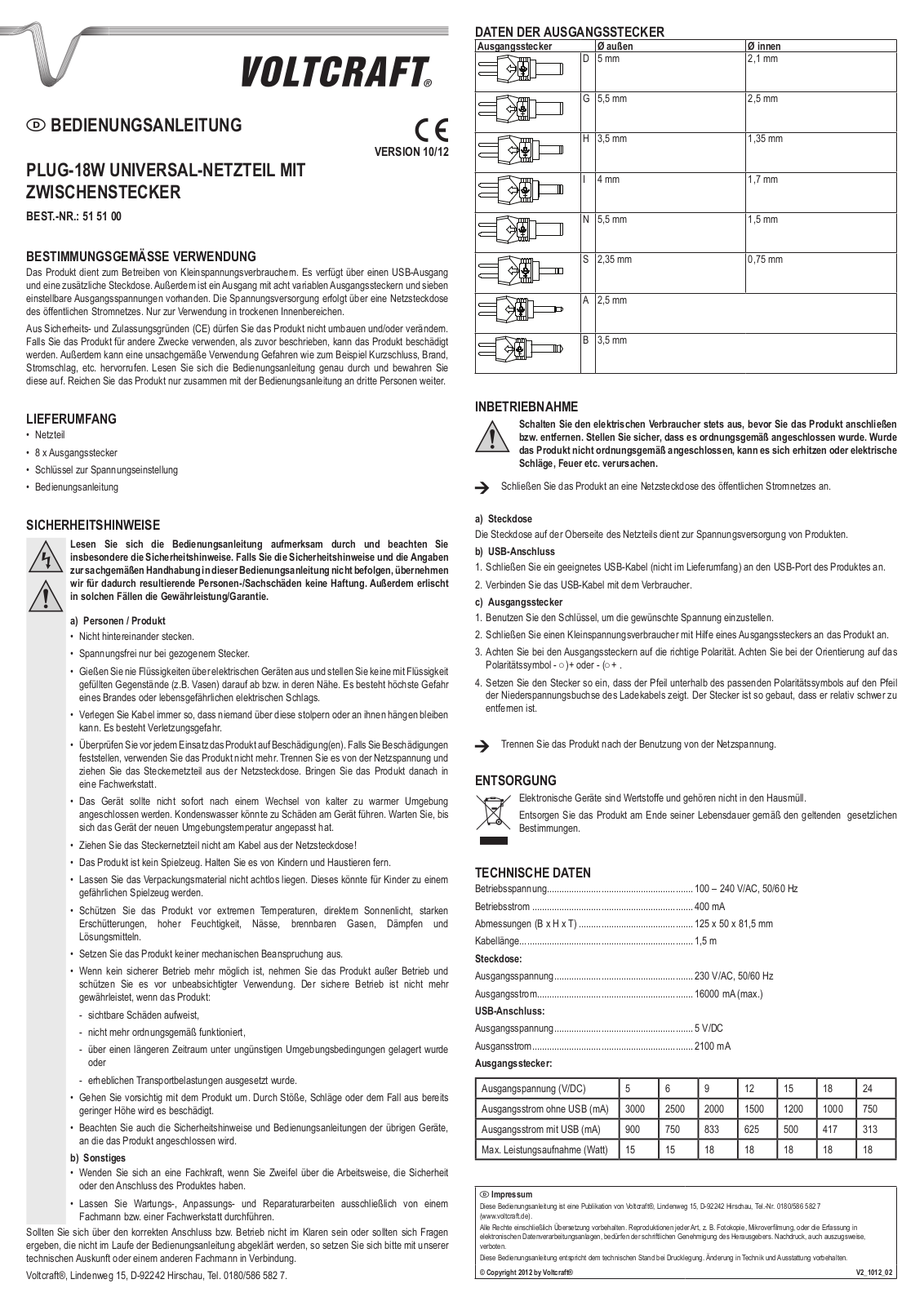 VOLTCRAFT PLUG-18W Operating Instructions