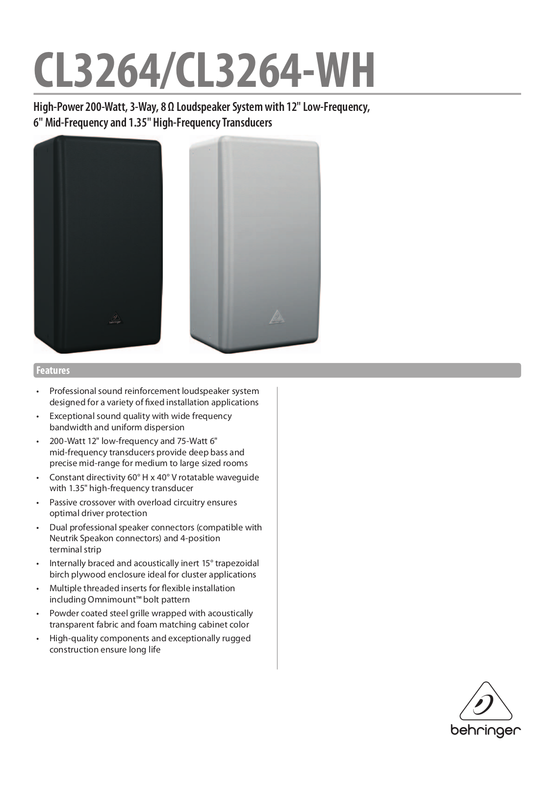 Behringer CL3264, CL3264-WH Specification Sheet