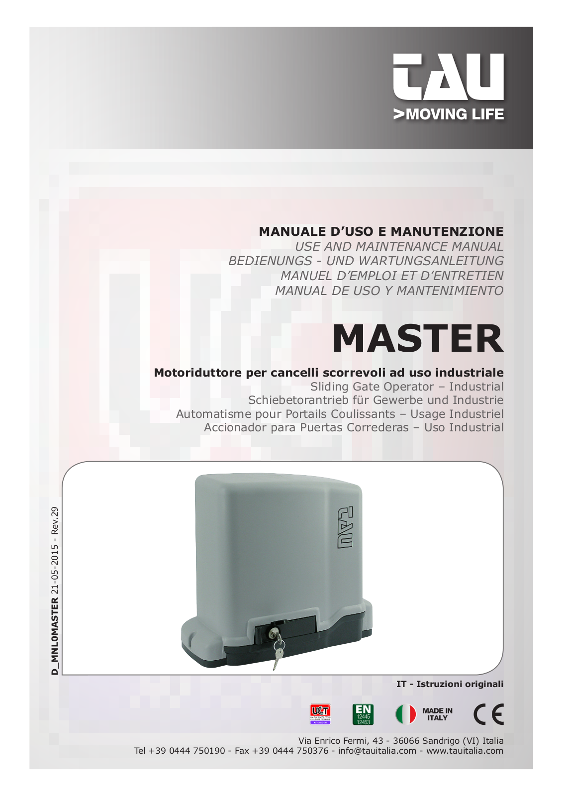 tau MASTER12Q, MASTER Series, MASTER18QR, MASTER20QR, MASTER-R Use And Maintenance Manual