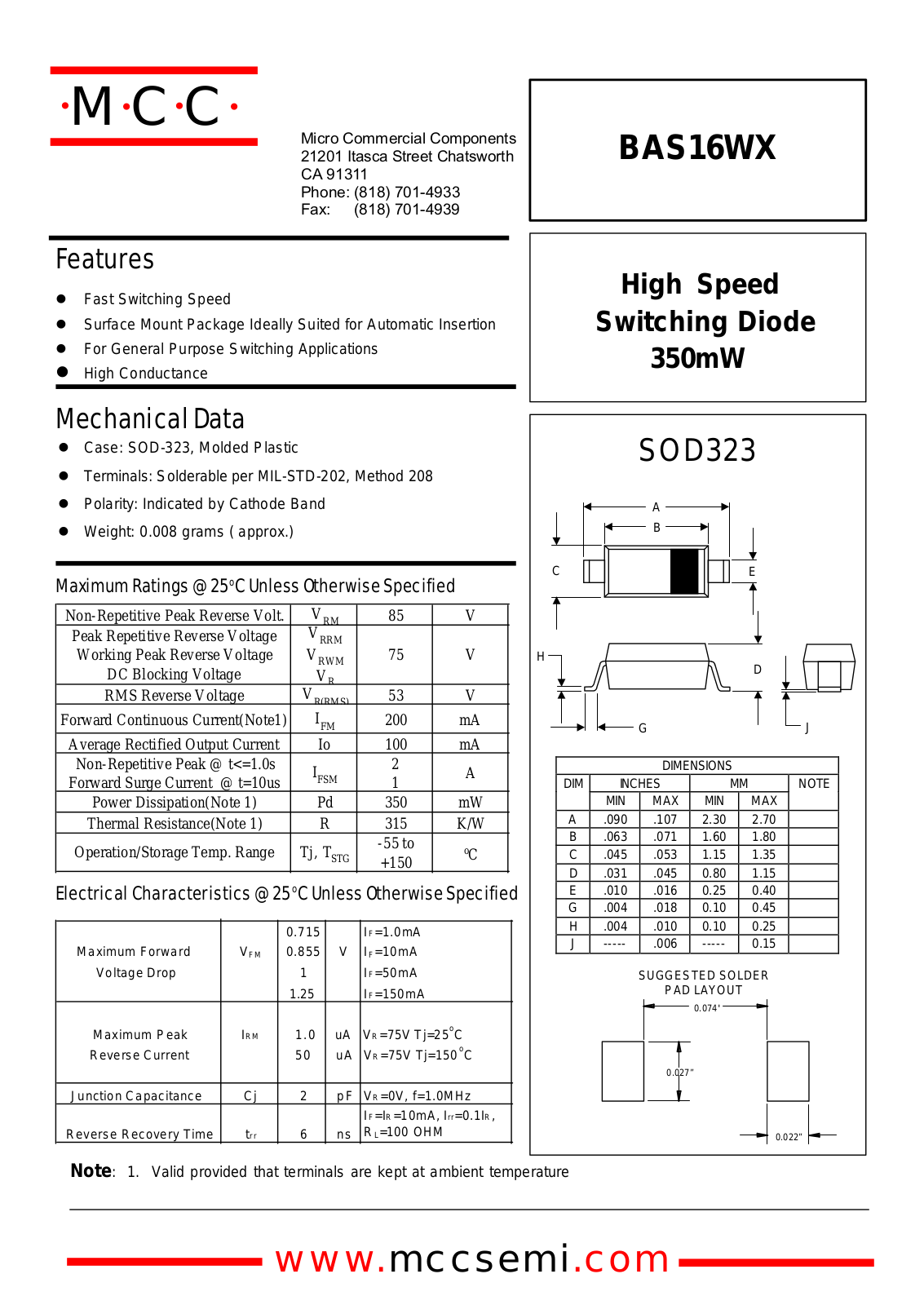 MCC BAS16WX Datasheet