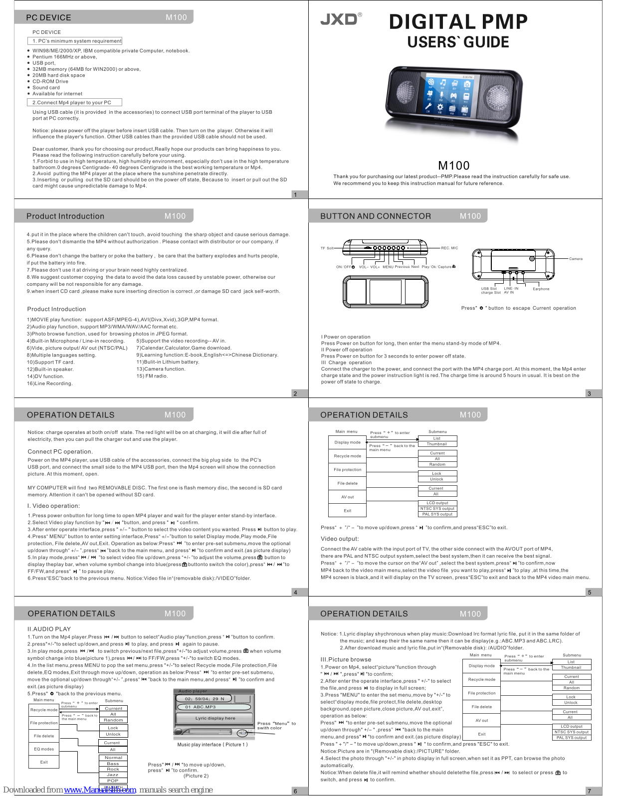 JXD M100 Digital PMP, Digital PMP M100 User Manual