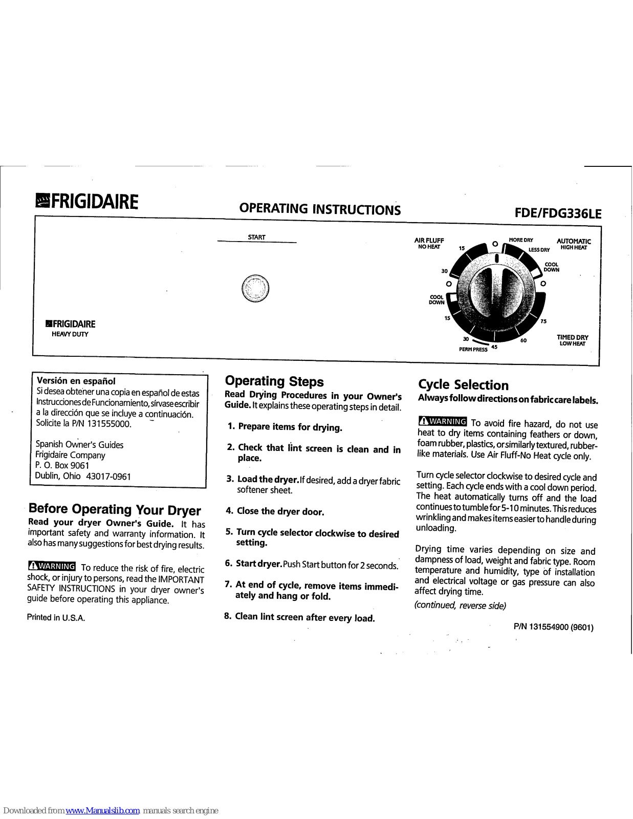 Frigidaire FDE336LE, FDG336LE Operating Instructions Manual - ManualMachine.com