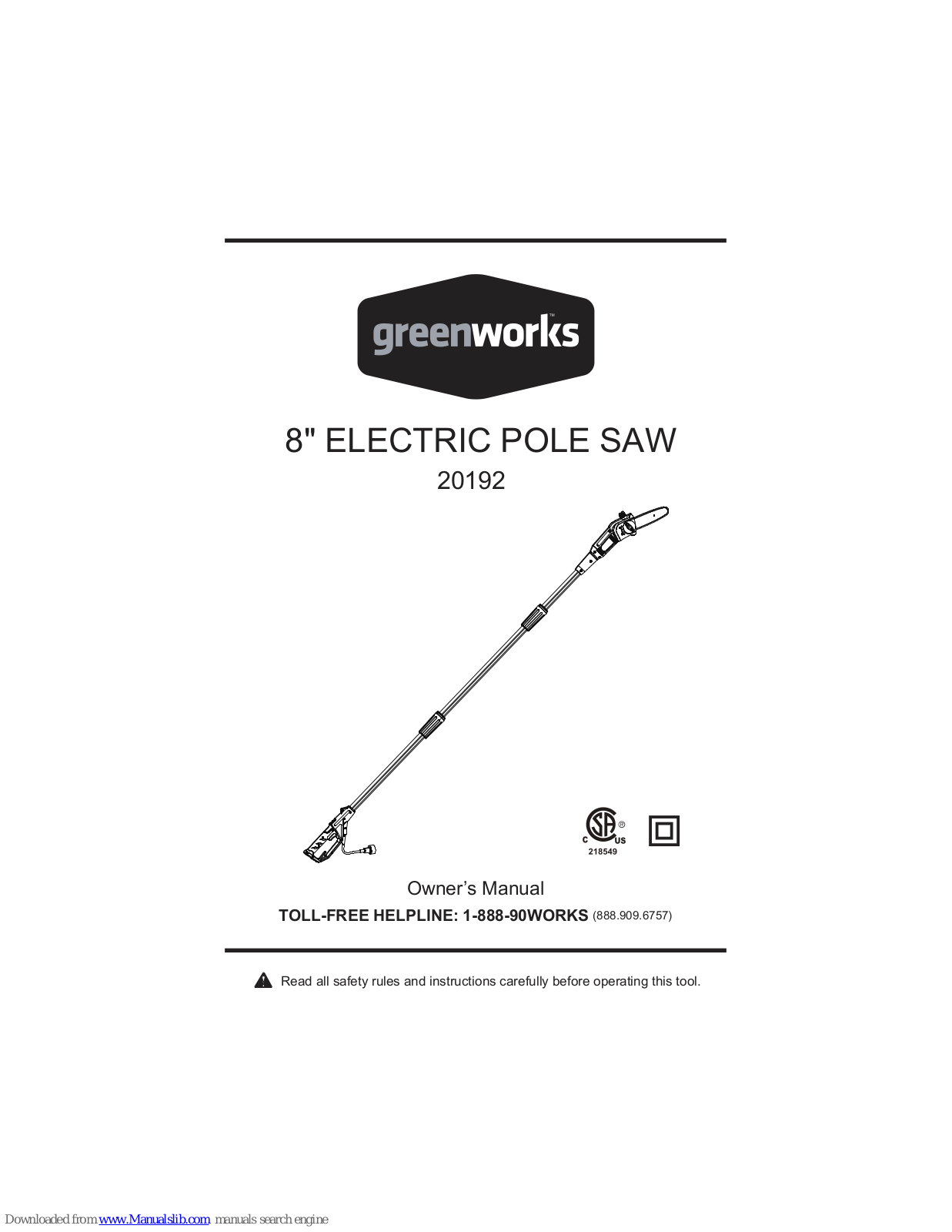 GreenWorks 20192 Owner's Manual