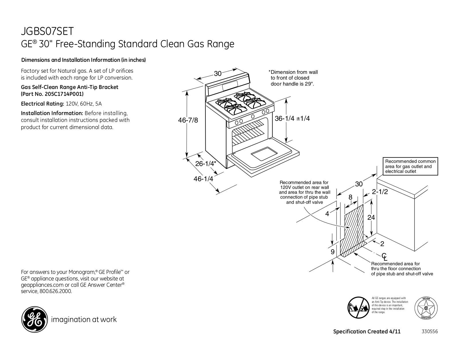 GE JGBS07SET Specification