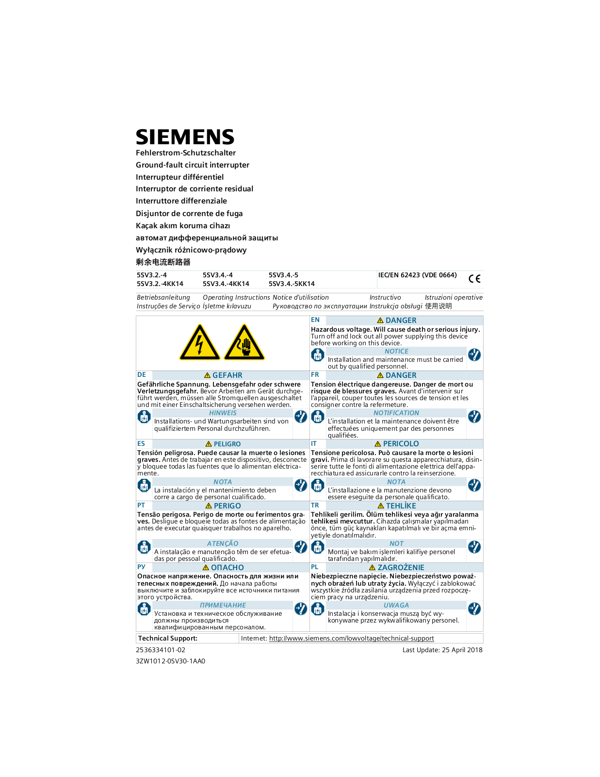 Siemens 5SV3.2.-4, 5SV3.4.-4, 5SV3.4.-5KK14, 5SV3.4.-5, 5SV3.2.-4KK14 Operating Instructions Manual