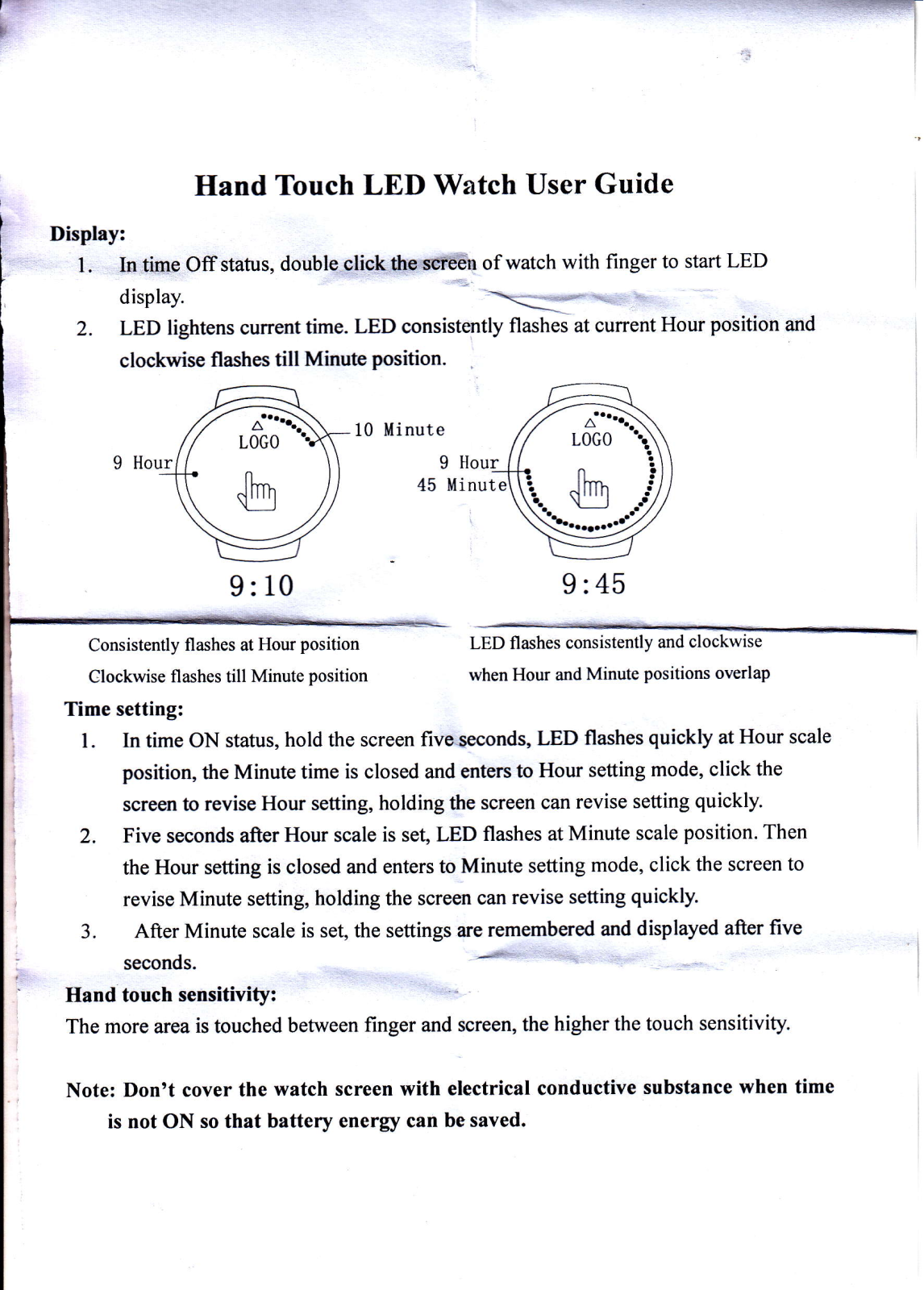 Watch Hand Touch LED User Manual - ManualMachine.com