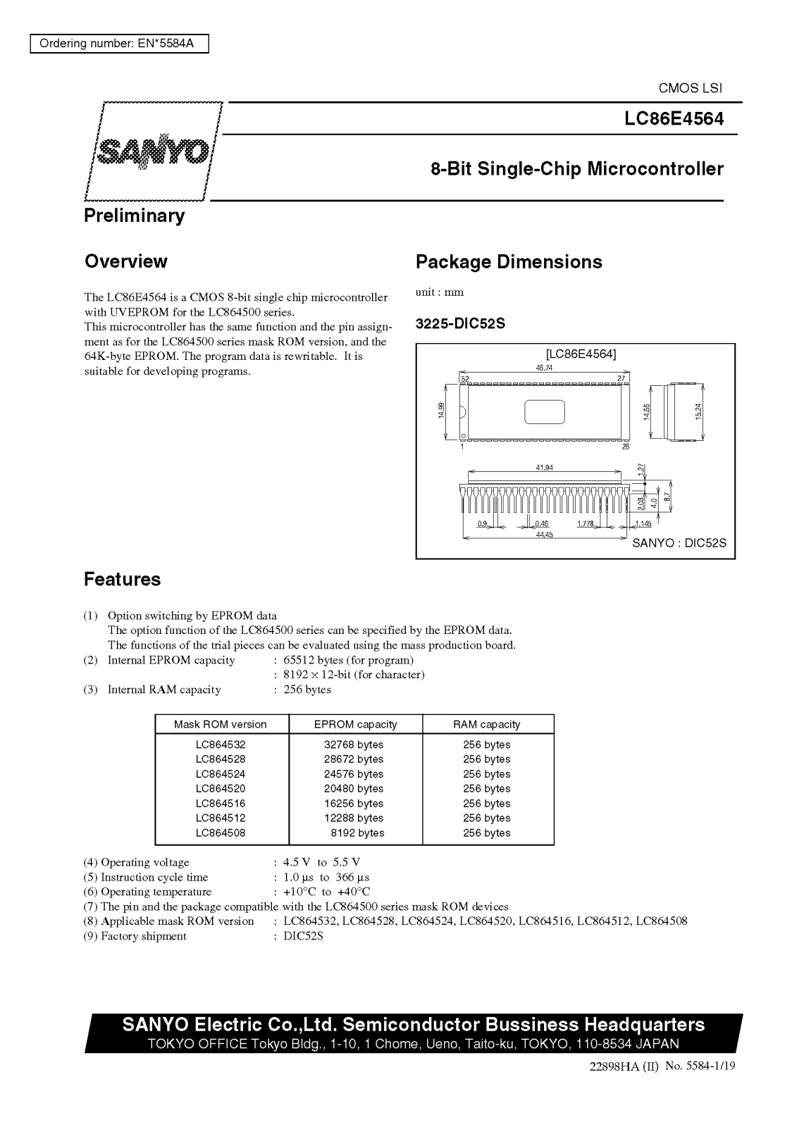 SANYO LC86E4564 Datasheet