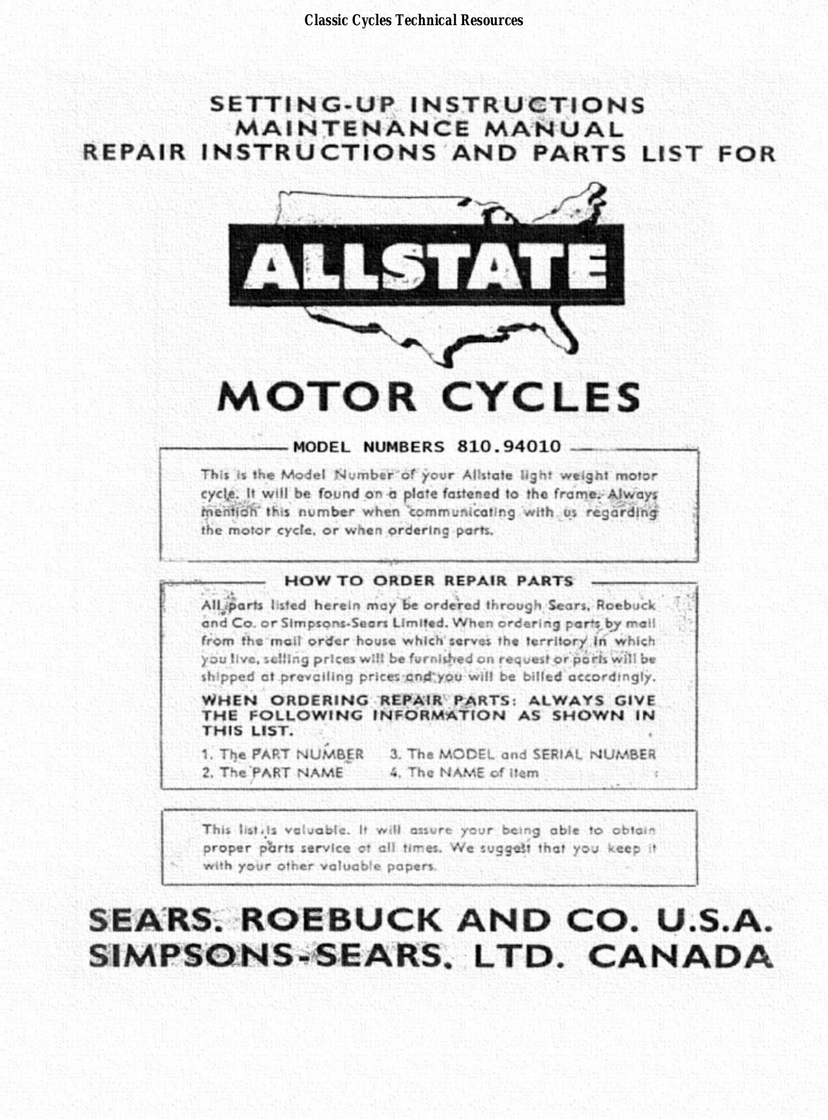 Sears, Roebuck and Co. Allstate 810.94010 Owner's Manual