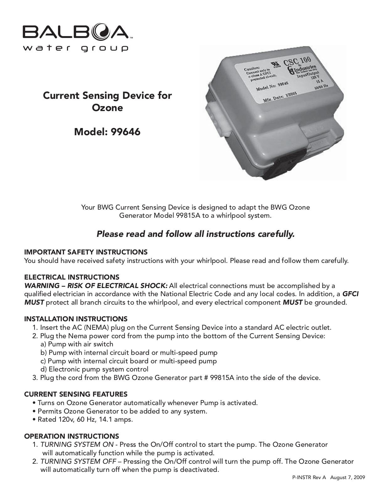 Balboa Water Group Current Sensing Device for Ozone User Manual