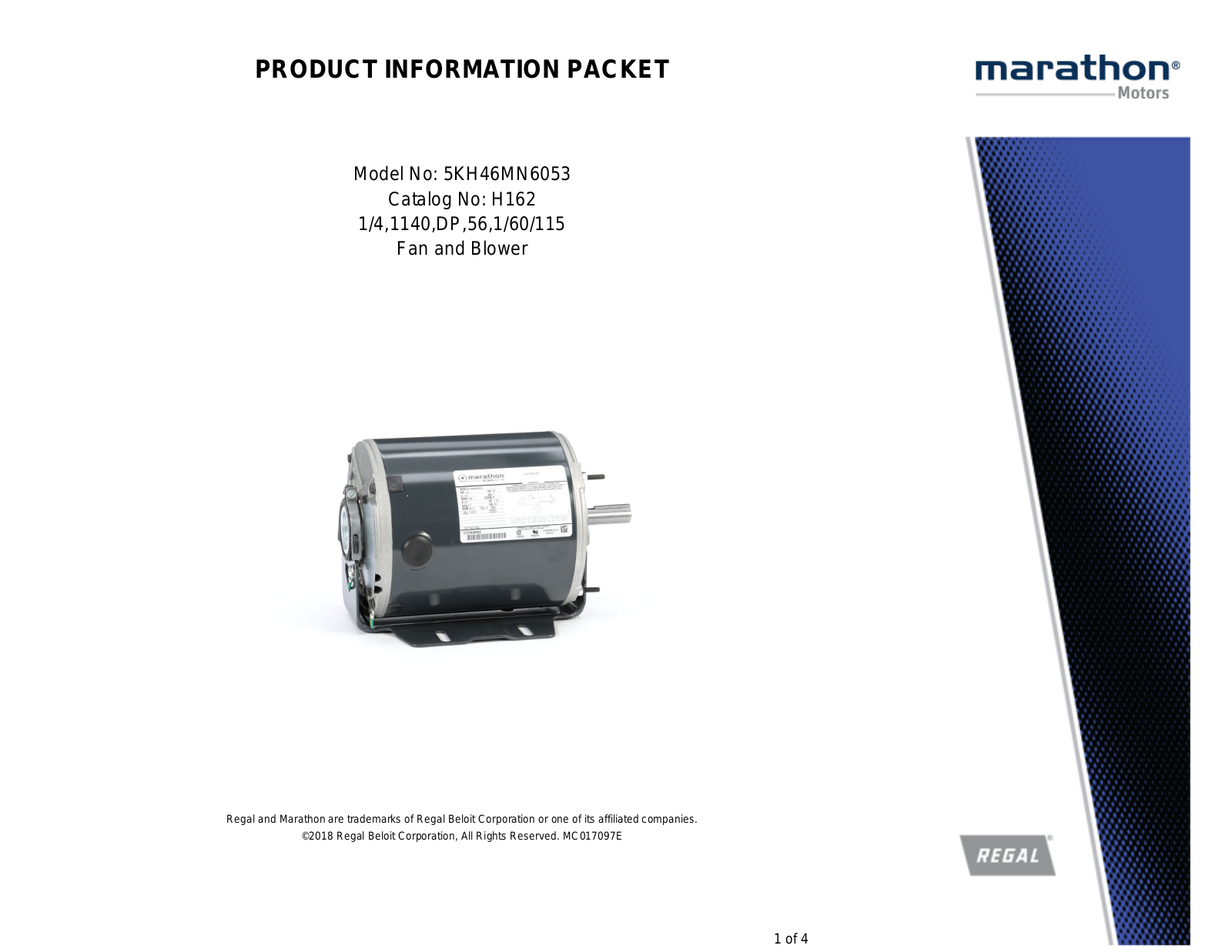 Marathon Electric 5KH46MN6053 Product Information Packet