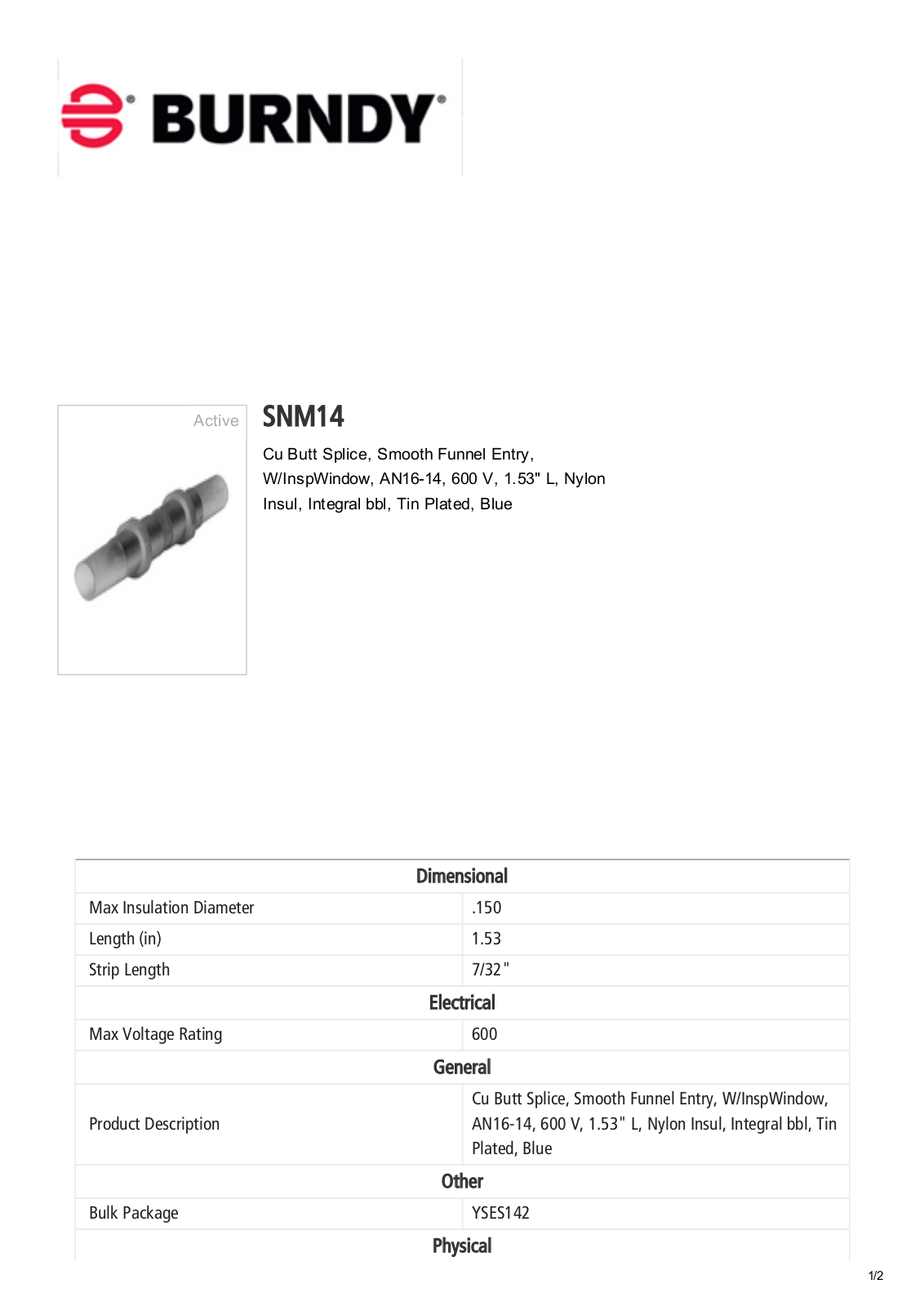 Burndy SNM14 Data Sheet