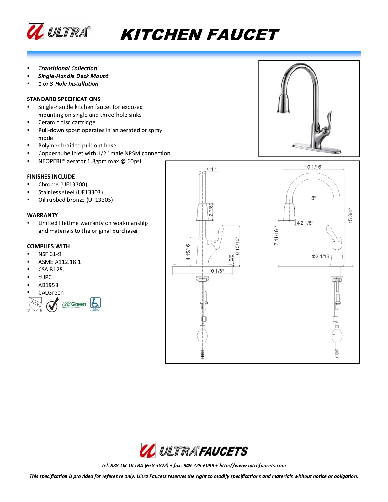 Ultra Faucets LTR10040 Specifications - ManualMachine.com